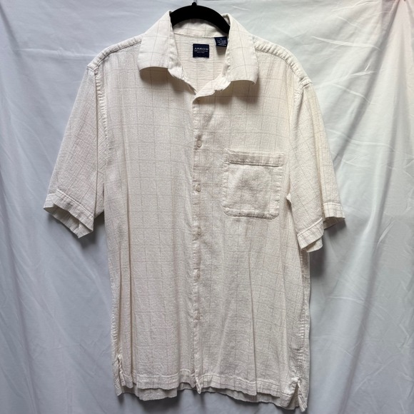 Arrow Other - Arrow Mens Short Sleeve Button Down Shirt‎ Cream Bamboo Cotton Windowpane Medium
